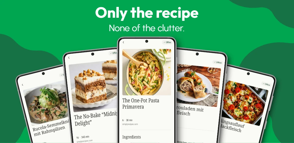 RecipeStrip showing several clean extracted recipes on Android phones