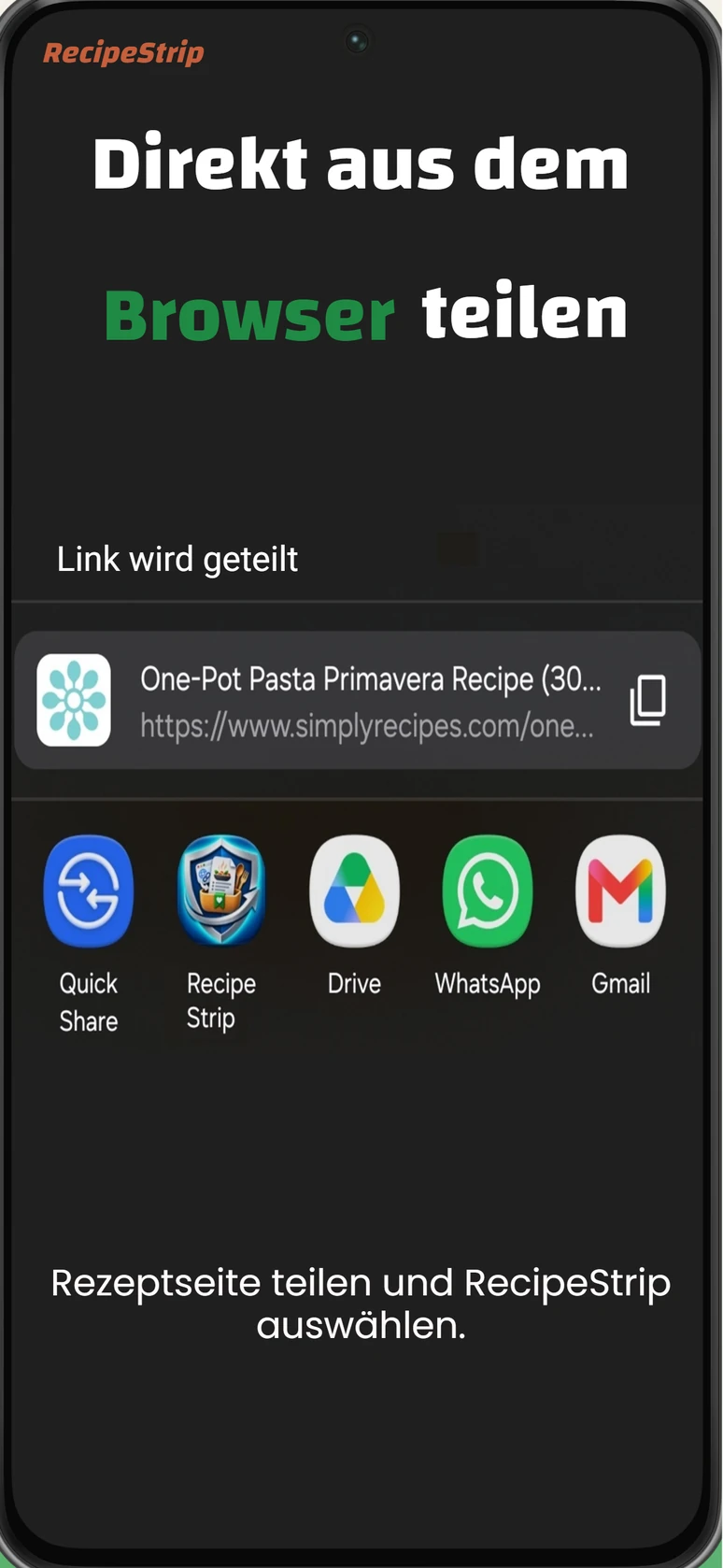 Android Teilen-Menü mit RecipeStrip als Ziel für einen Rezept-Link