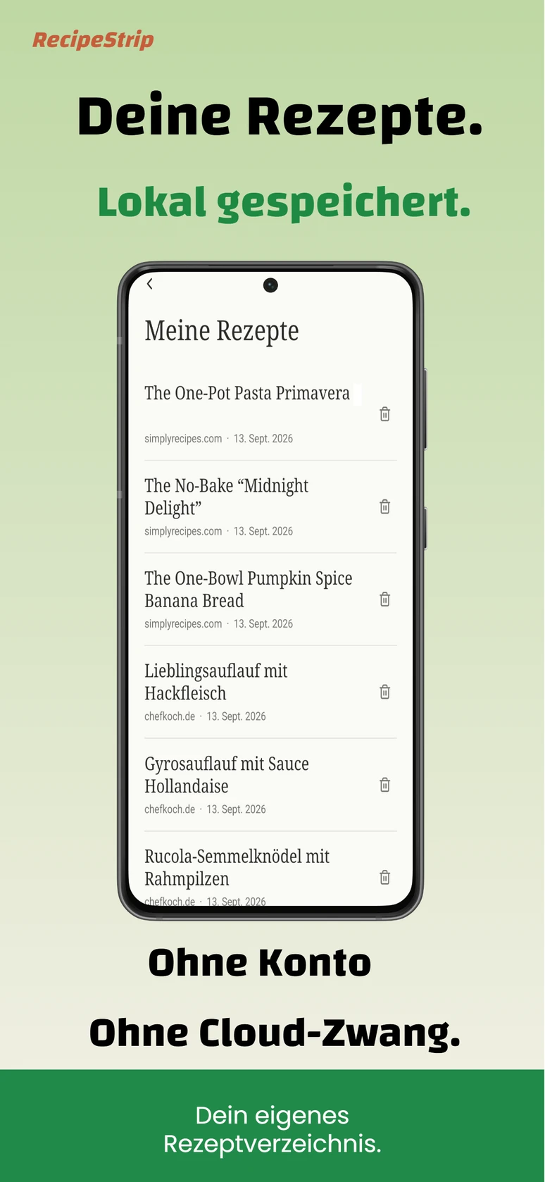 Lokale RecipeStrip Rezeptbibliothek mit mehreren gespeicherten Rezepten