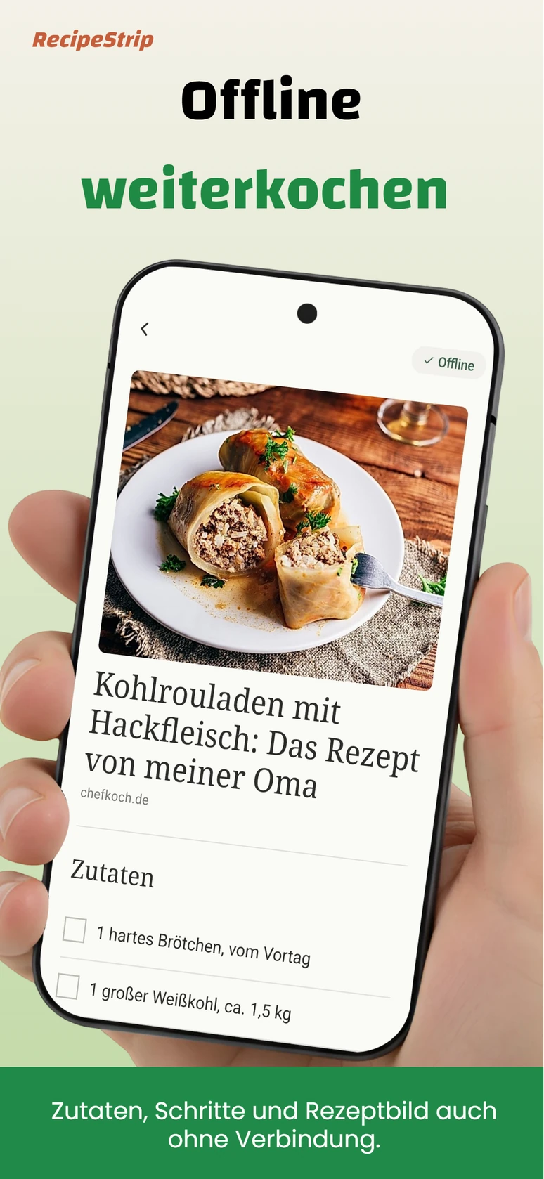Ein in RecipeStrip offline verfügbares Rezept mit Rezeptbild und Zutaten