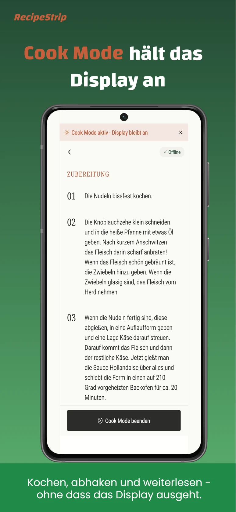 RecipeStrip Cook Mode mit aktiver Display-Anzeige und Zubereitungsschritten