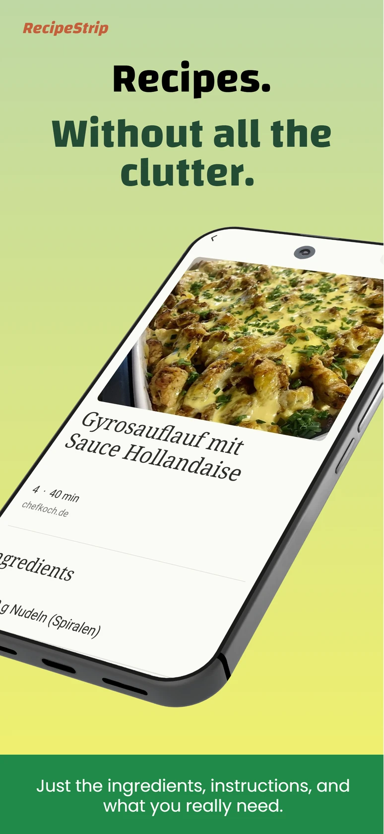 RecipeStrip displaying a clean extracted recipe with ingredients and instructions
