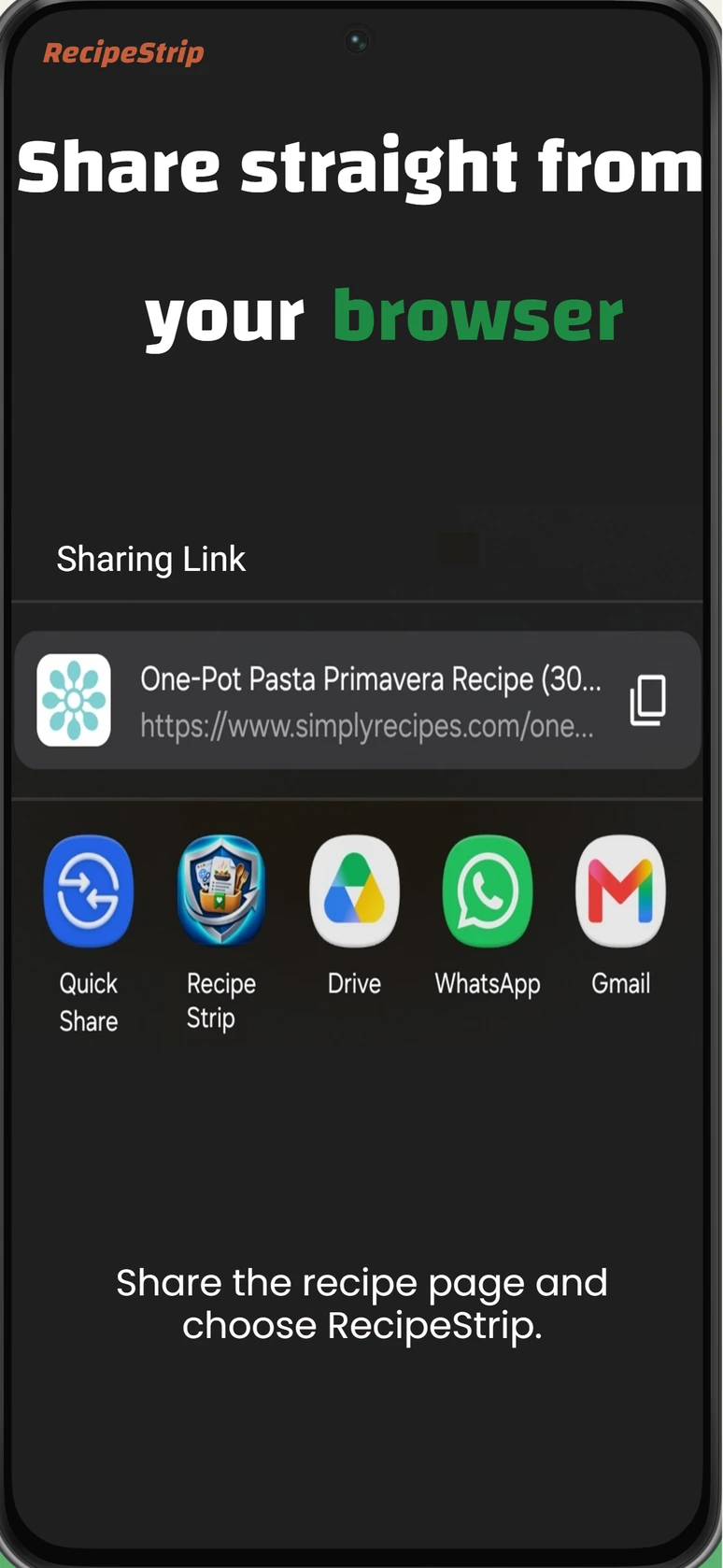 Android share menu with RecipeStrip as the destination for a recipe link