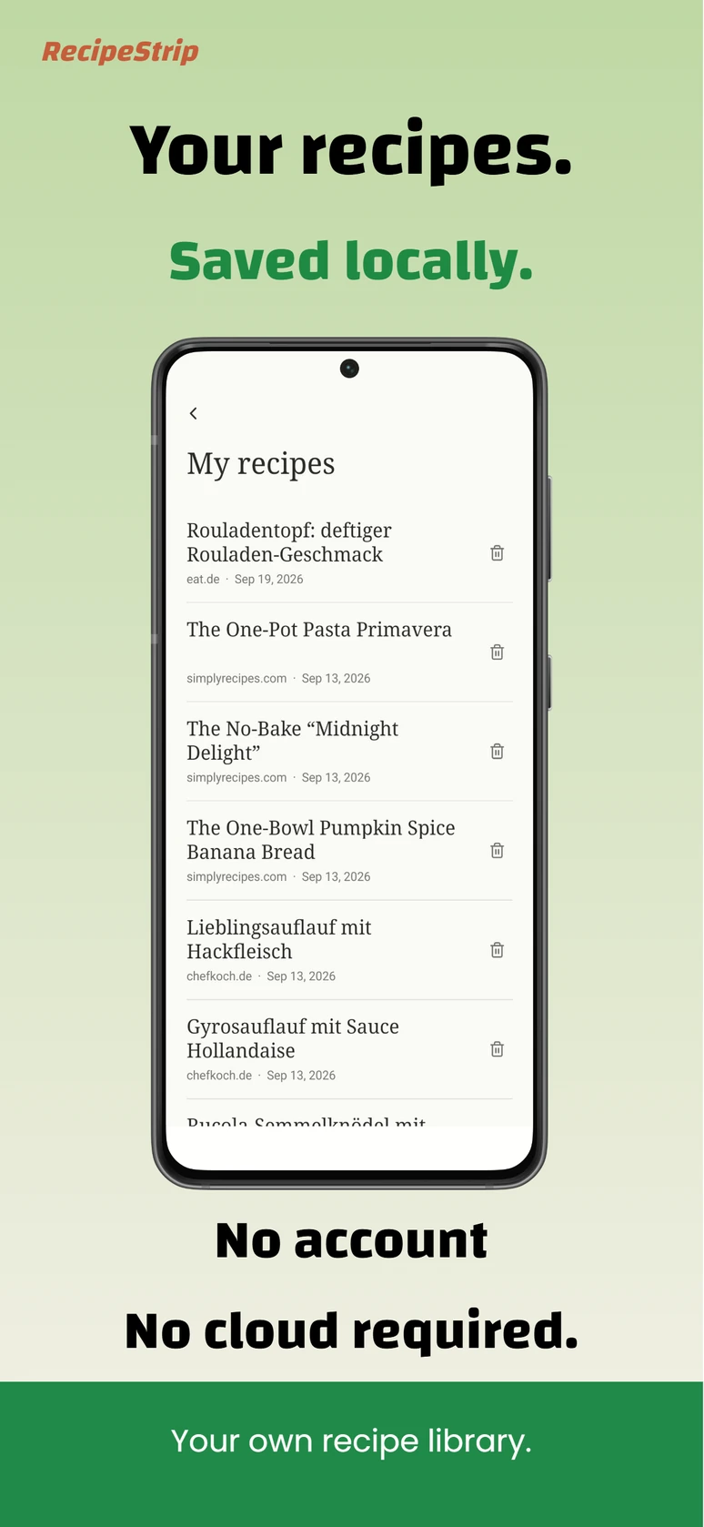 Local RecipeStrip library containing several saved recipes