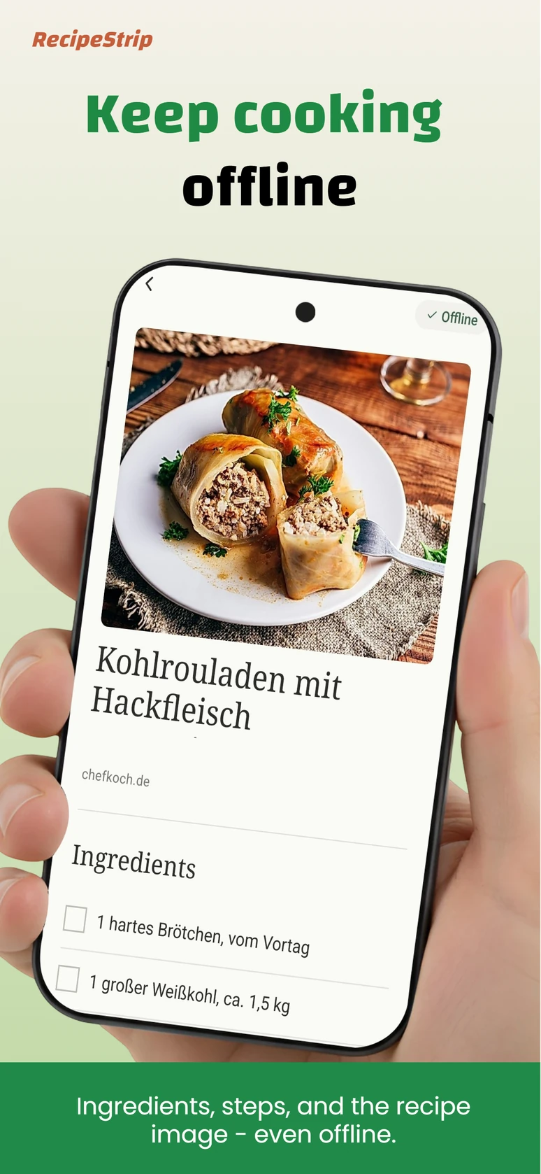A recipe available offline in RecipeStrip with its image and ingredients