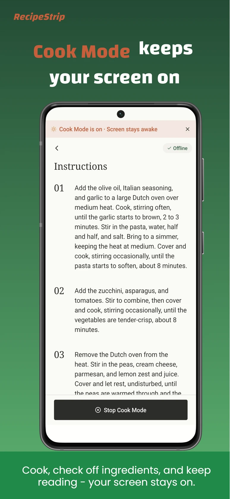 RecipeStrip Cook Mode showing instructions while the screen stays on