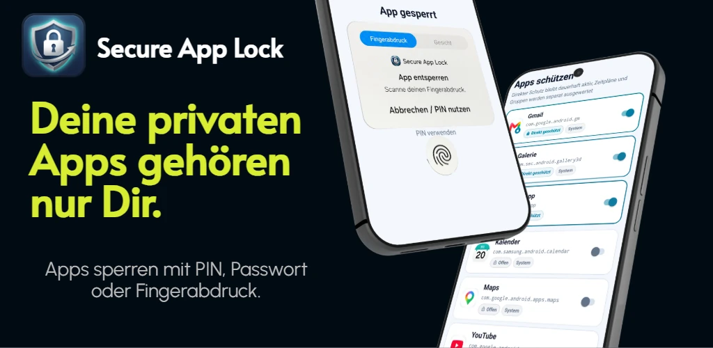 Secure App Lock Feature Graphic mit geschützten Apps und biometrischer Entsperrung