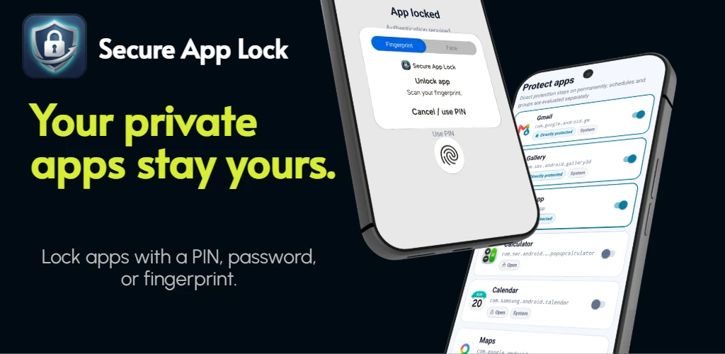 Secure App Lock feature graphic with protected apps and biometric unlocking