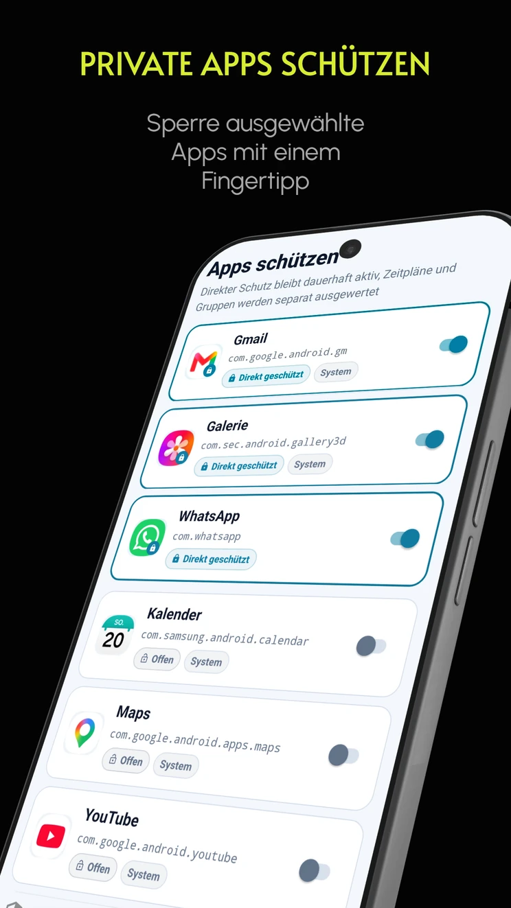 Secure App Lock App-Auswahl mit direkt geschützten Apps