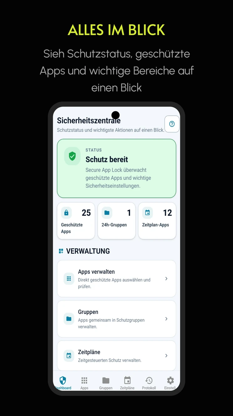 Secure App Lock Sicherheitszentrale mit Schutzstatus und Verwaltung