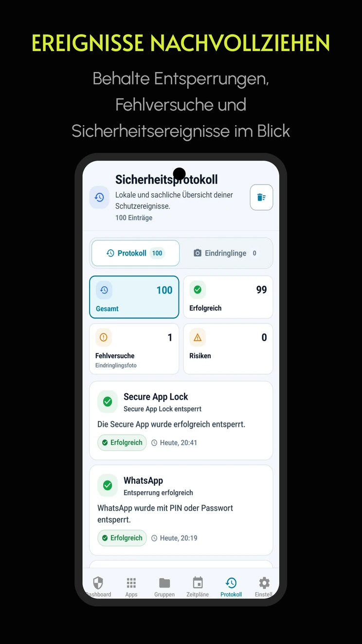 Lokales Secure App Lock Sicherheitsprotokoll mit Ereignissen