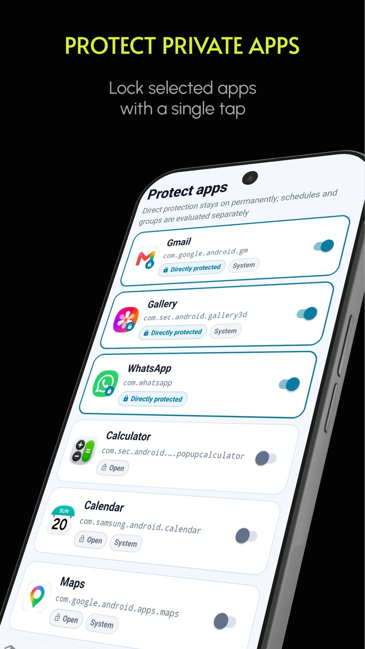 Secure App Lock app selection with directly protected apps