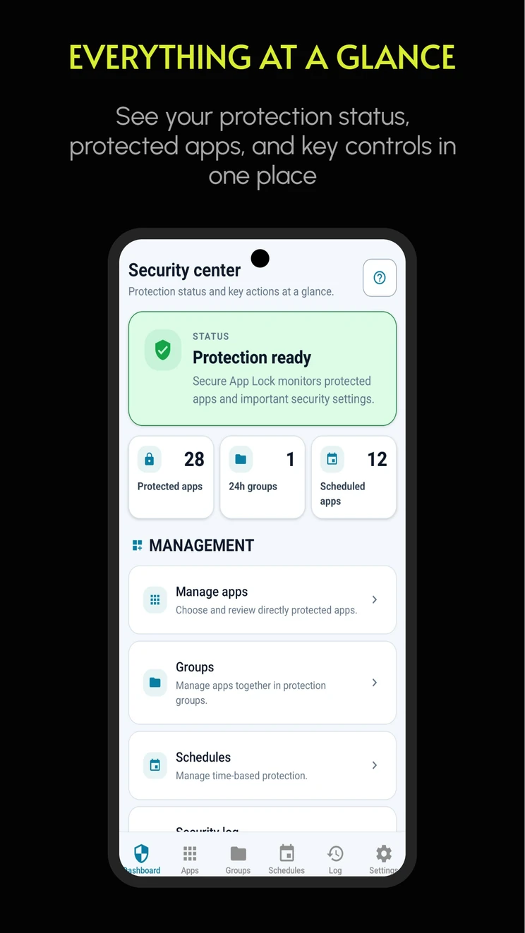 Secure App Lock security center with protection status and controls