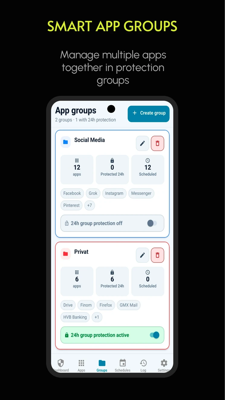 Secure App Lock app groups for managing several apps together