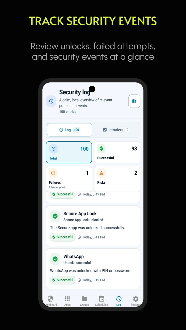 Local Secure App Lock security log with protection events