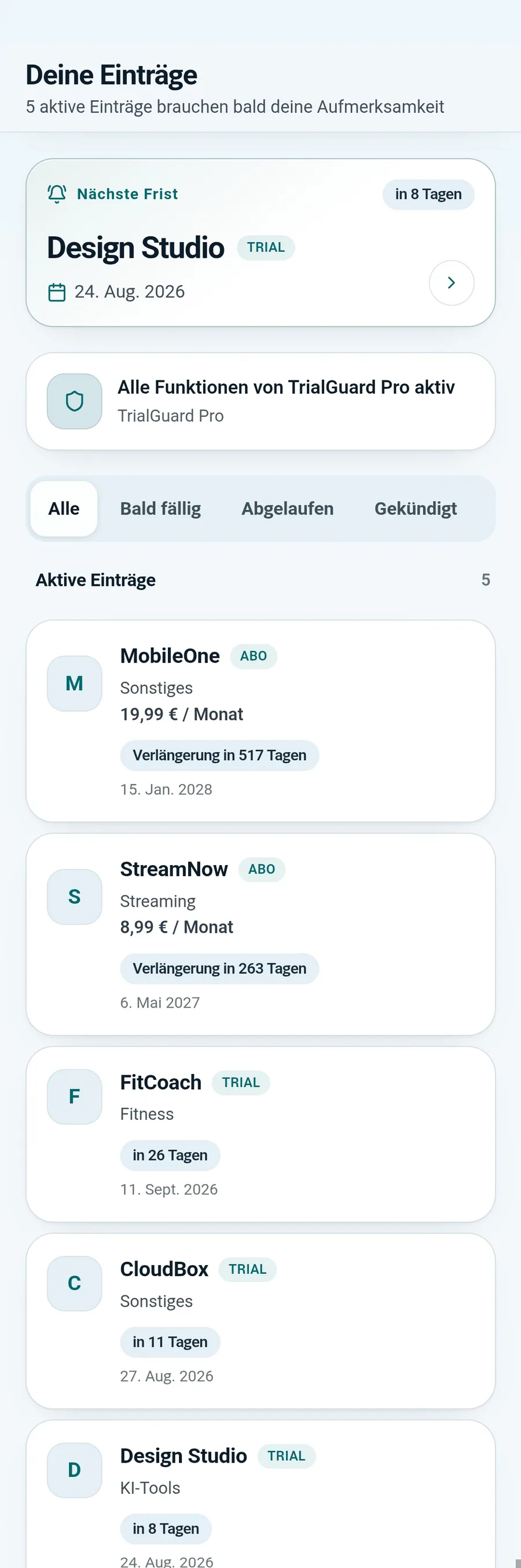 TrialGuard Dashboard mit nächster Frist und Übersicht aktiver Einträge