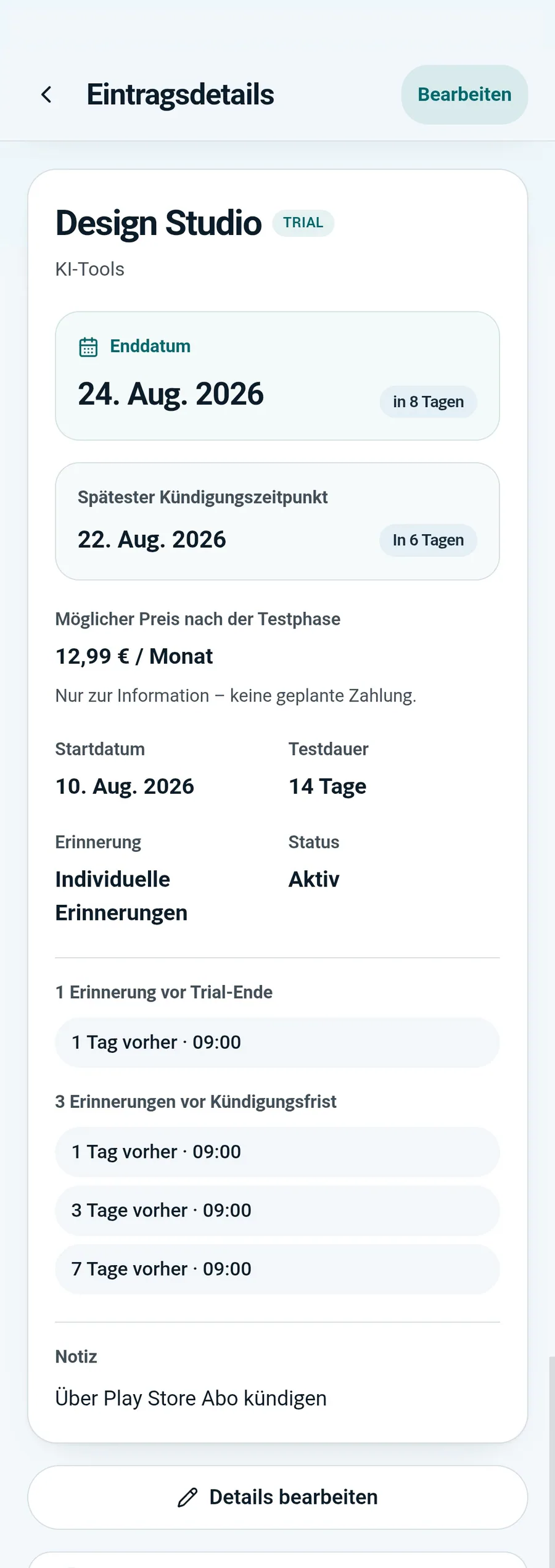 Details eines Gratistests mit mehreren Erinnerungen in TrialGuard