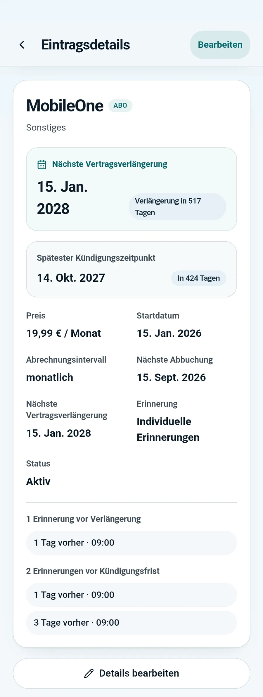 Vertragsdetails mit Kosten, Laufzeit und Erinnerungen in TrialGuard Pro
