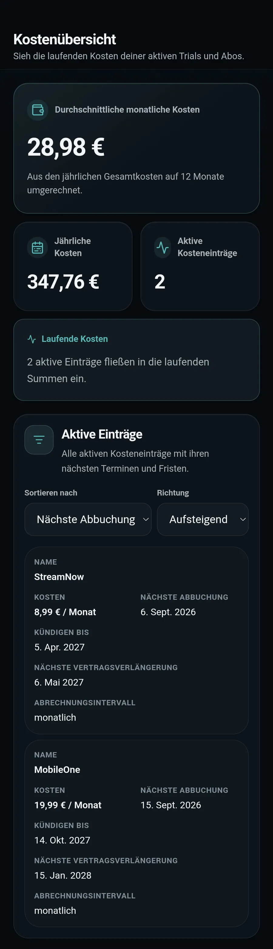 Dunkle TrialGuard Kostenübersicht mit Monats- und Jahressumme sowie Einzelpositionen