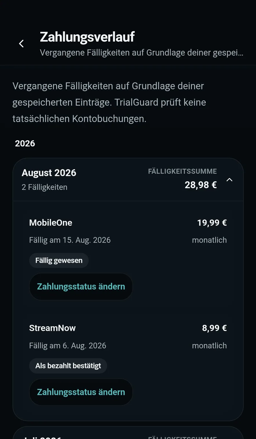 TrialGuard Zahlungsverlauf mit manuell bestätigten und offenen Zahlungen