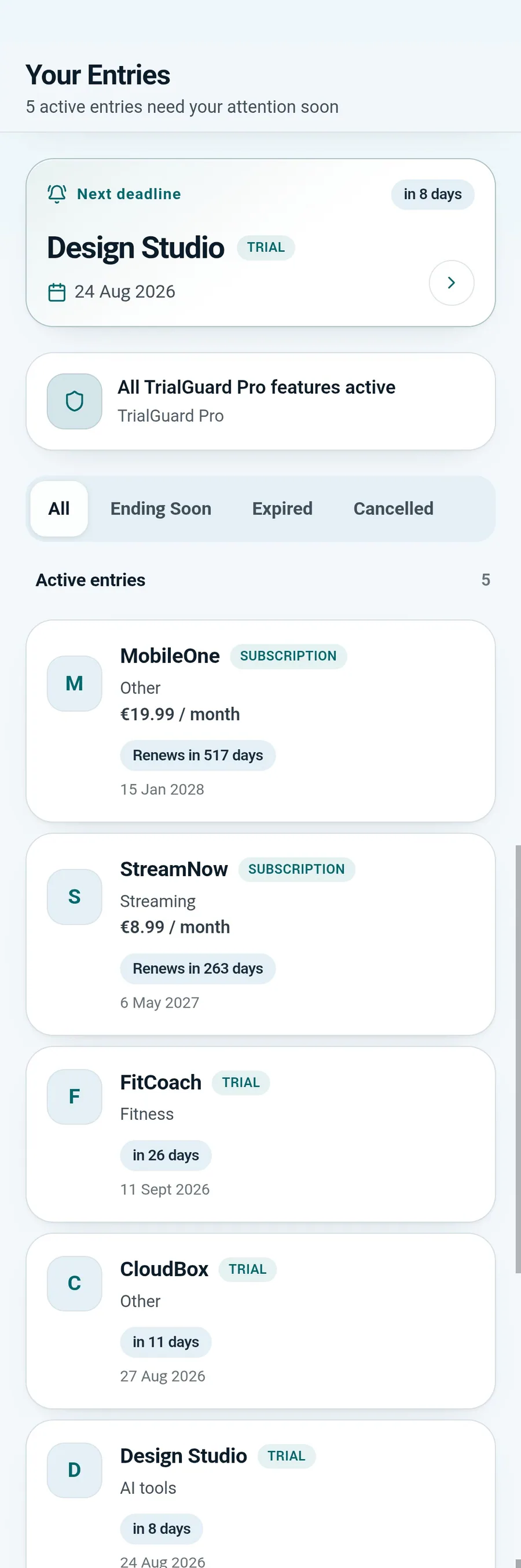 TrialGuard dashboard showing the next deadline and active entries