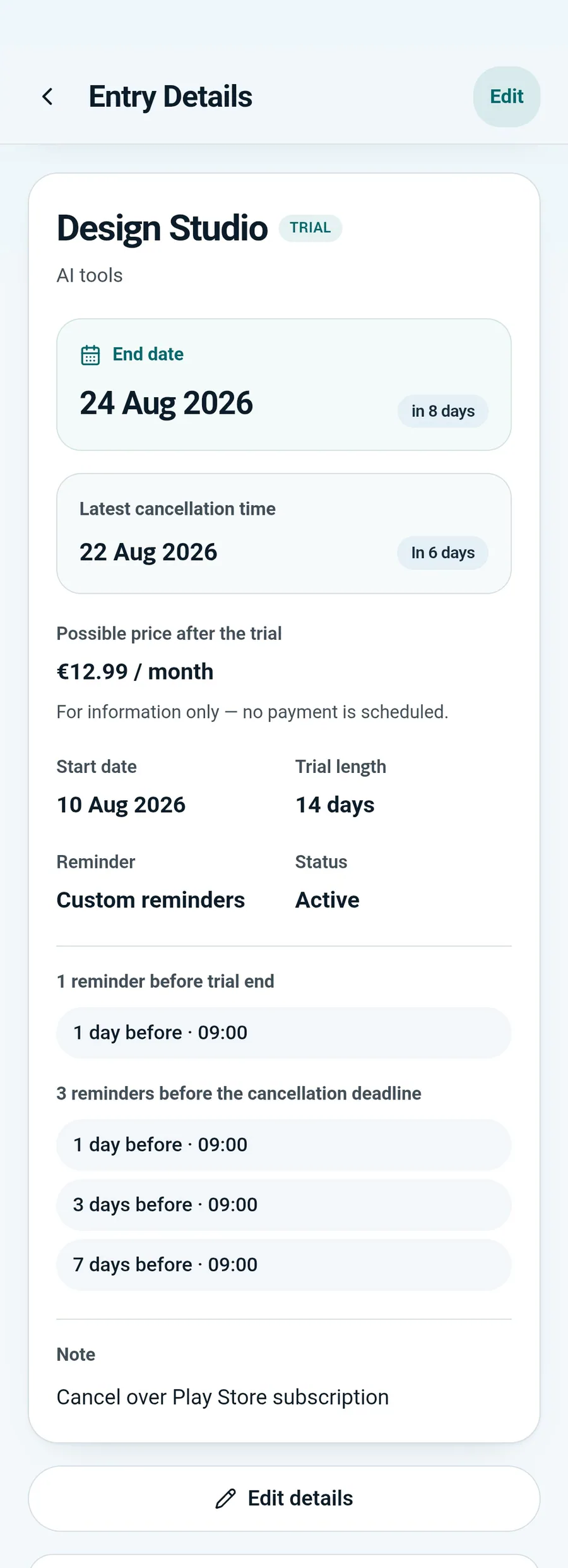 Trial details with multiple reminders in TrialGuard