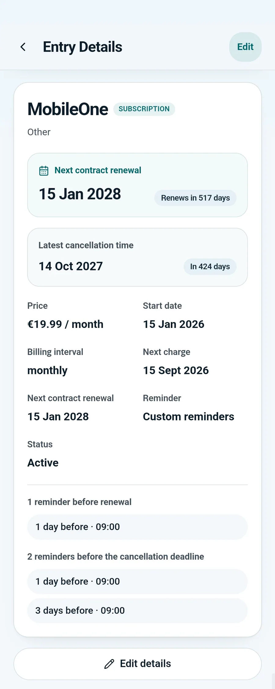 Contract details with cost, term and reminders in TrialGuard Pro