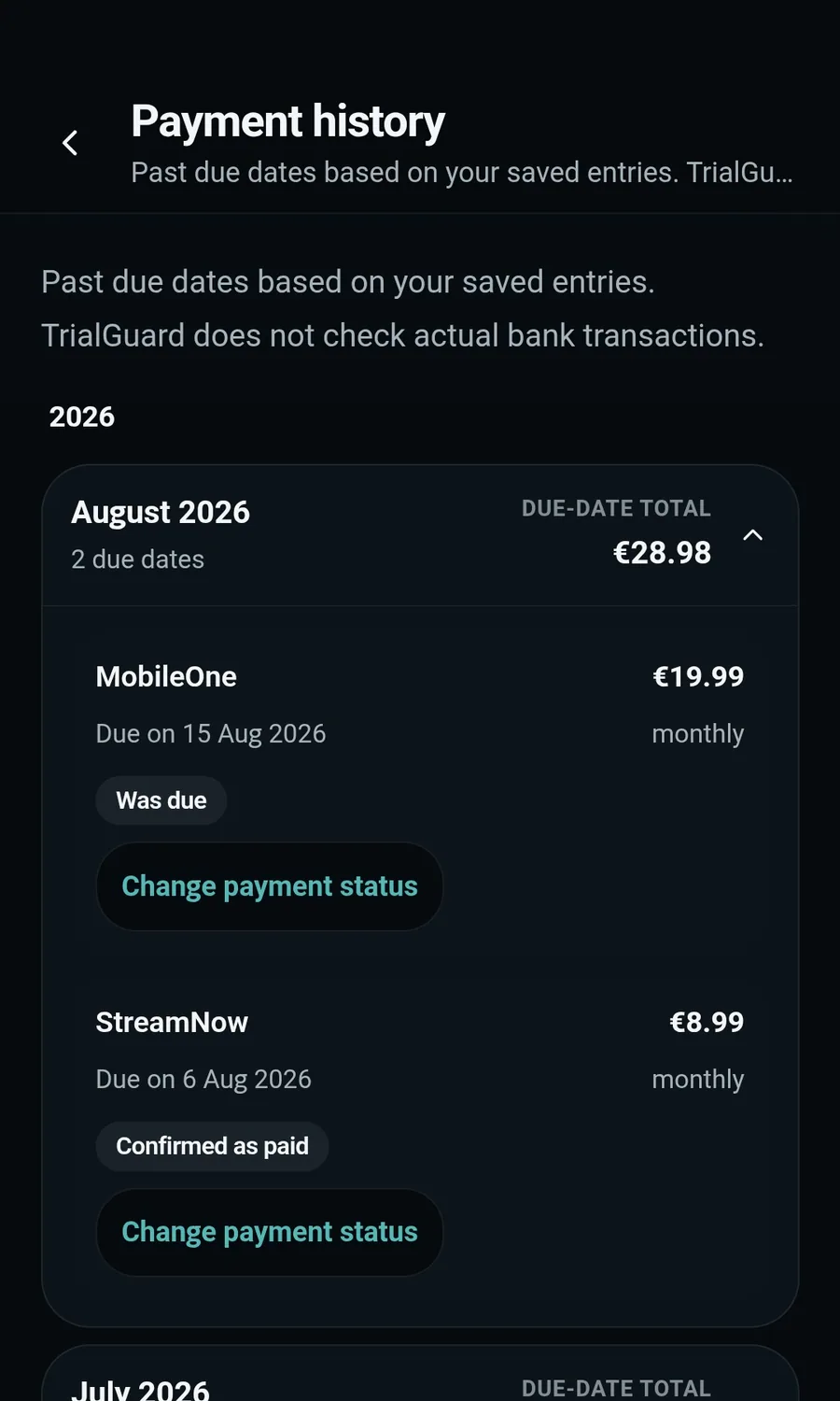 TrialGuard payment history with manually confirmed and open payments