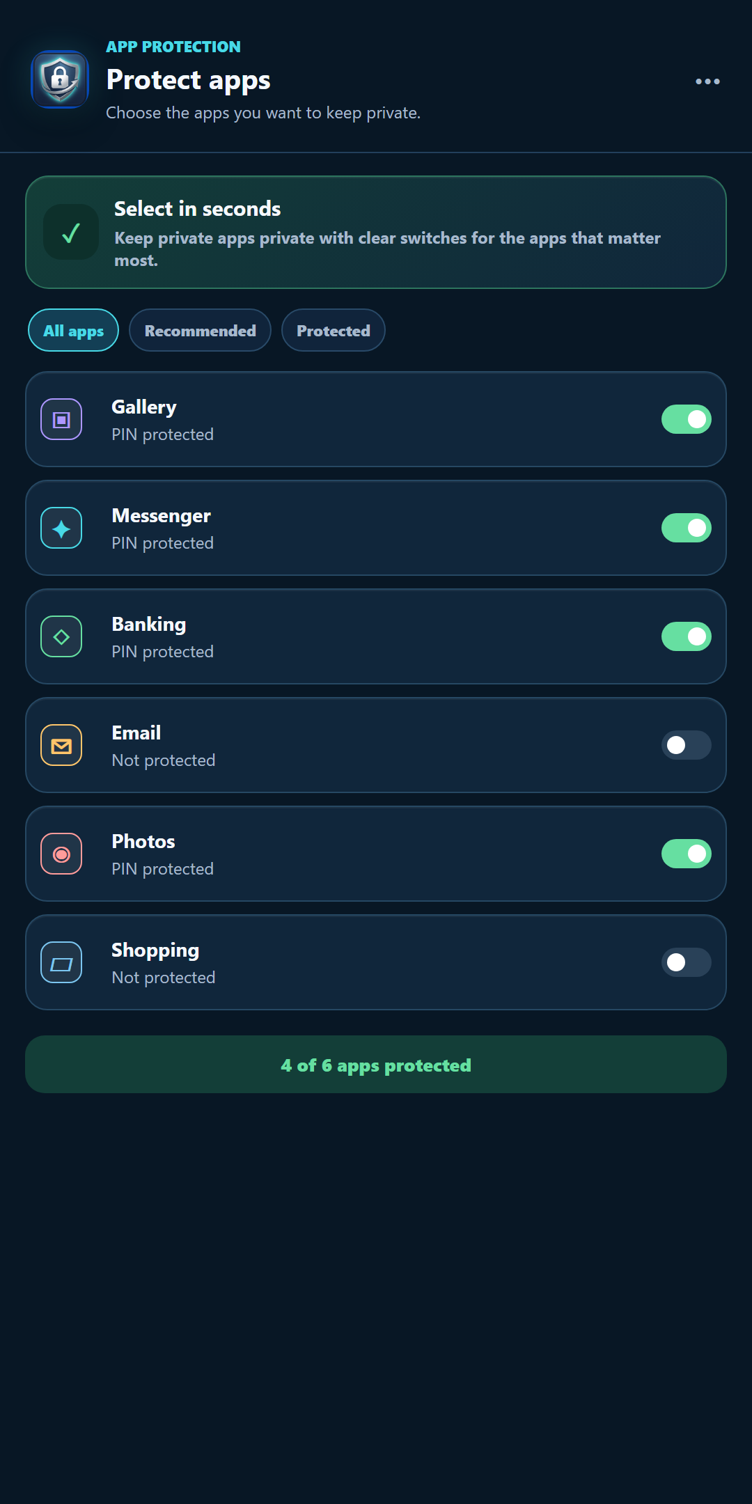 App selection with protected apps and switches