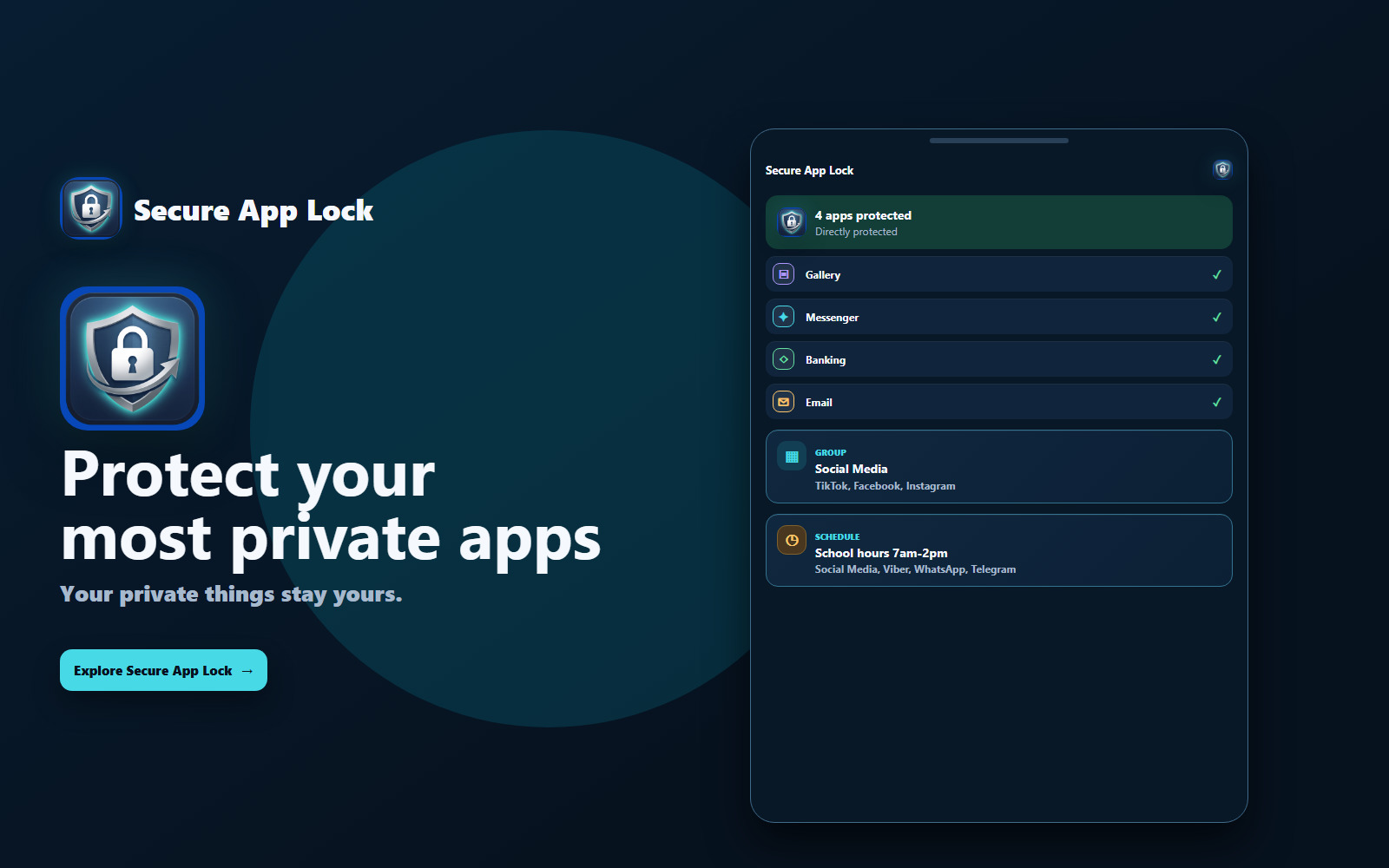 CTA visual with protected apps, a social media group and a school-hours schedule