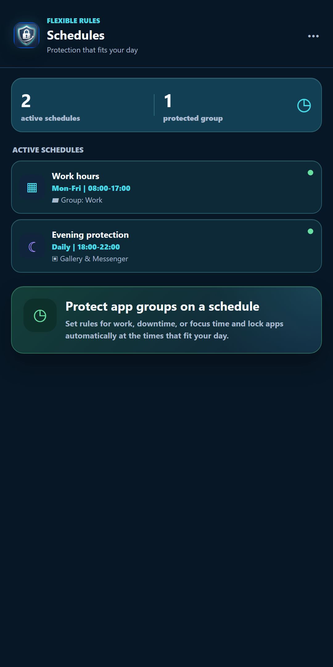 Schedules and app groups in Secure App Lock