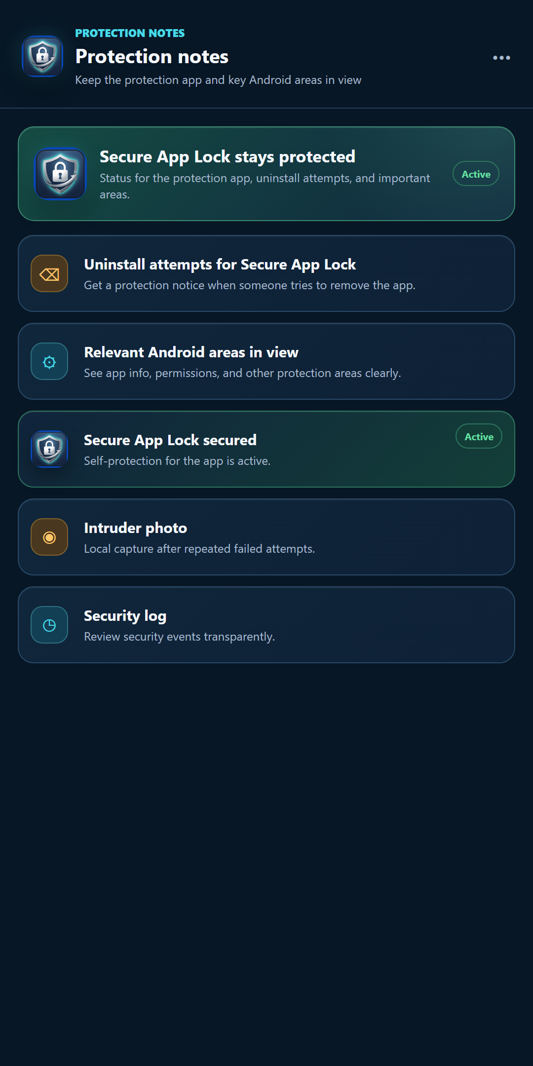 Protection notes for Secure App Lock and relevant Android areas