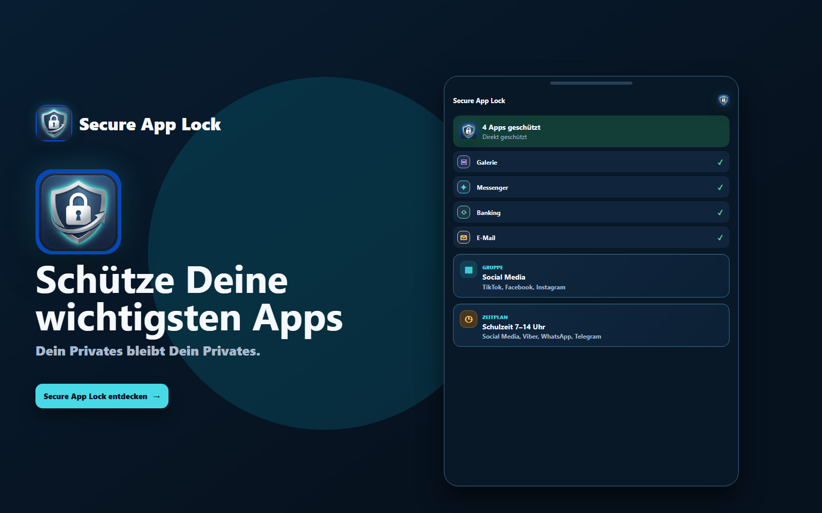 CTA-Visual mit geschützten Apps, Social-Media-Gruppe und Schulzeit-Zeitplan