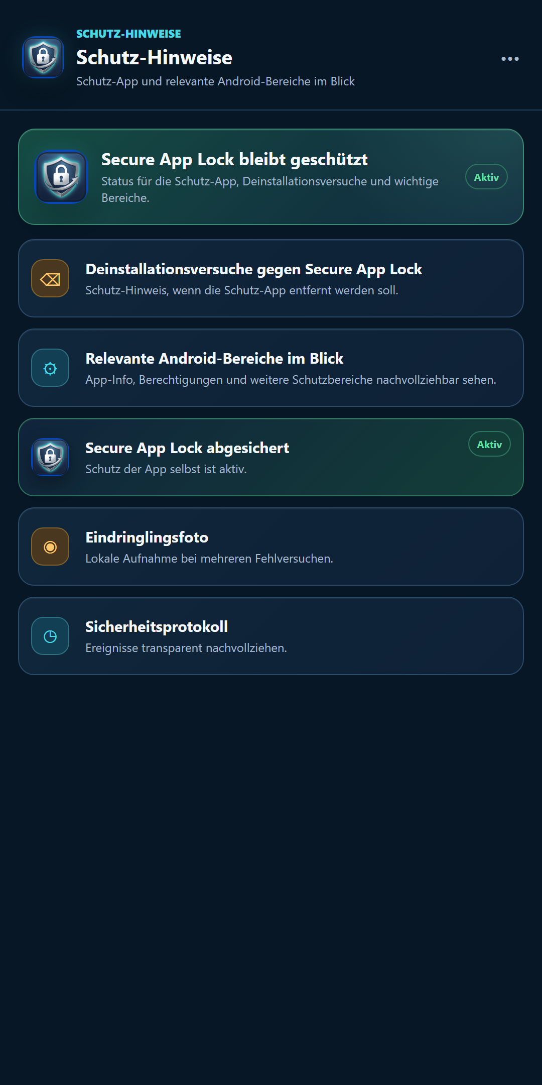 Schutz-Hinweise für Secure App Lock und relevante Android-Bereiche